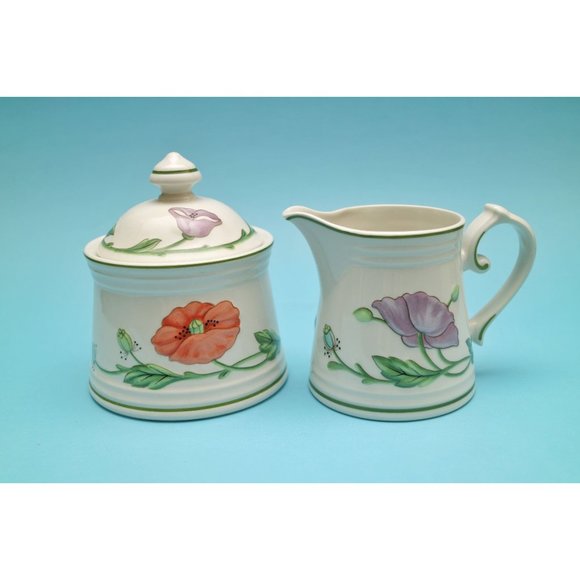 Villeroy and Boch Amapola Sugar Bowl and Creamer, West Germany #1748 Poppies - Picture 1 of 6